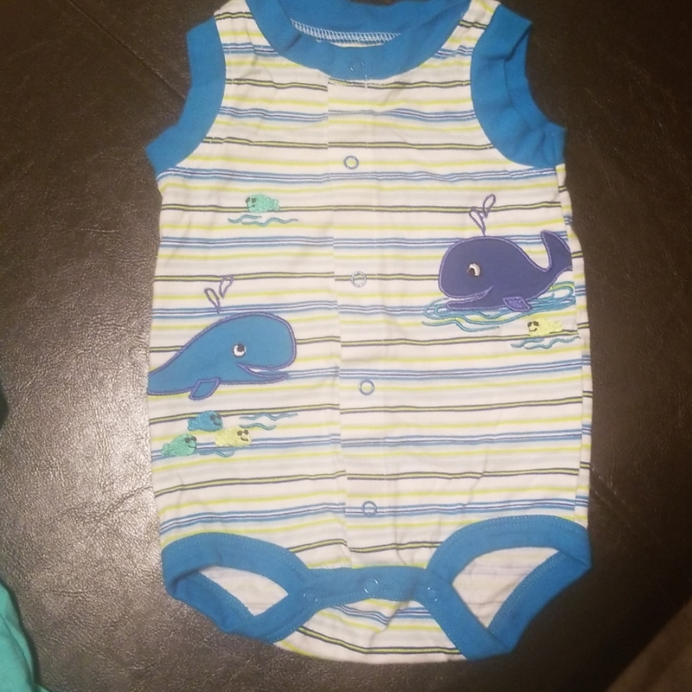 3 onesies blue and green whales and sharks
